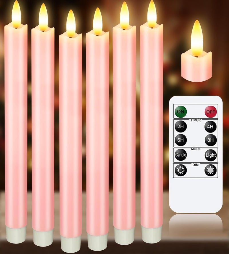 KSWING Upgraded Real Wax LED Flameless Pink Taper Candles with Remote, 6 PCS Candlesticks Battery Operated 3D Flickering - 9.6" Long Realistic Fake Candle Sticks for Home/Wedding/Fireplace Xmas Decor - Image 1